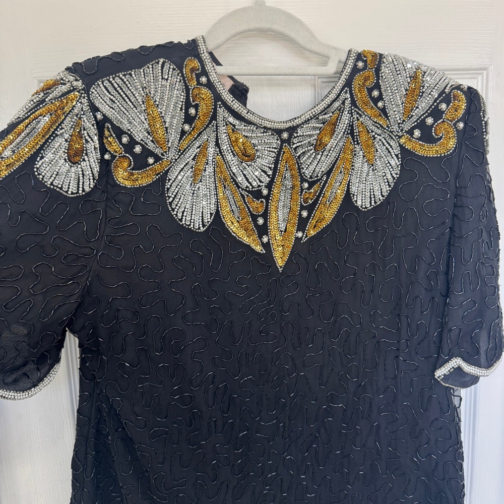 Vintage Lawrence Kazar Silk Women's XL Beaded Short Sleeve Shirt Shoulder Pads - Picture 3 of 8
